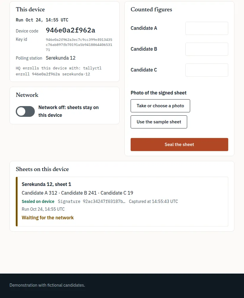 The agent app with the network off: the sheet A 312, B 241, C 19 is sealed and waits for the network.