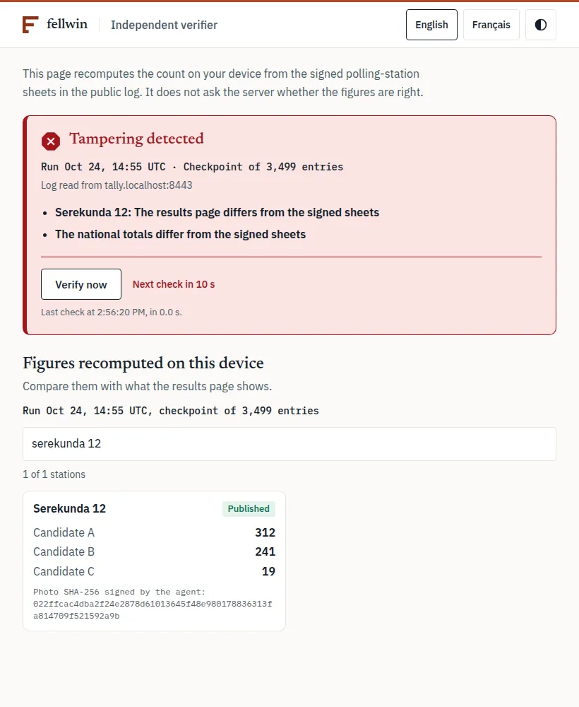 The verifier in red after attack 1: Serekunda 12, the results page differs from the signed sheets.