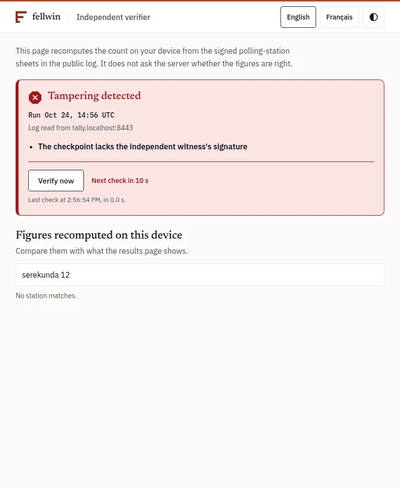 The verifier in red after attack 2: the checkpoint lacks the independent witness's signature.
